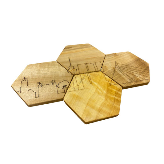 Onderzetters Skyline Rotterdam - 4 stuks - Lokaal Rotterdams hout